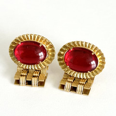 Vintage Red Glass Cabochon Gold Tone Oval Bullet Back Cufflinks