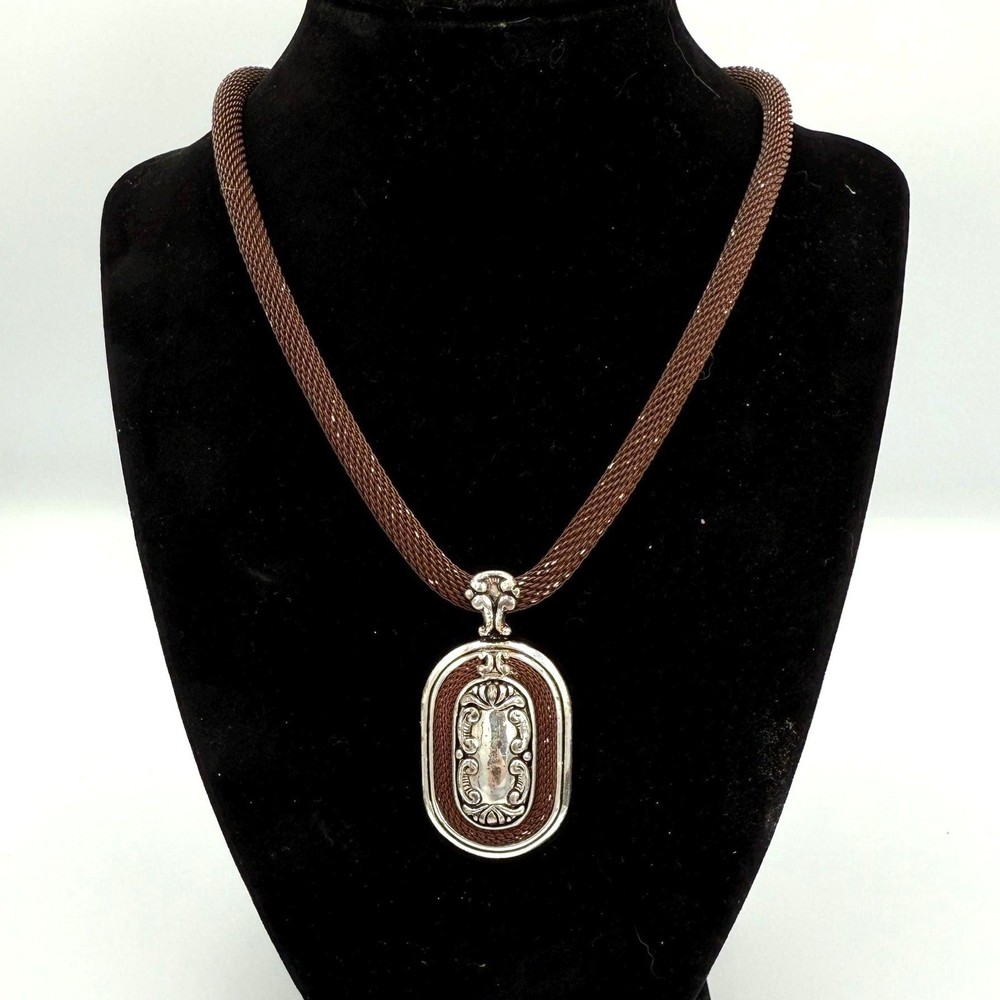 Vintage Mesh Chain Necklace Brown Cord Large Pendant Silver Tone Statement