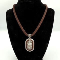 Vintage Mesh Chain Necklace Brown Cord Large Pendant Silver Tone Statement