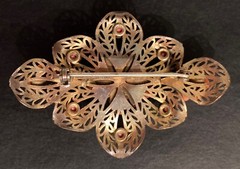 Vintage Rose Brooch Filigree Flower Floral Cut Out Prongs Leaf Peach Coral Pin