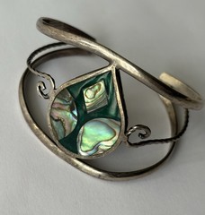 925 Sterling Silver Mother Of Pearl Enamel Cuff Bracelet Child 5.50in Mexico VTG