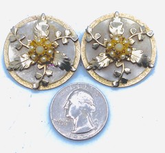 Unusual Layered Round Metal Faux Pearl Floral Art Deco Earrings