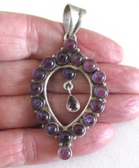 2 1/2 INCHES STERLING PENDANT w AMETHYST or AMETHYST ART GLASS, HANDMADE by MC