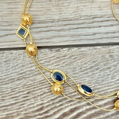 Triple Strand Enamel & Gold Tone Beaded Station Chain Necklace