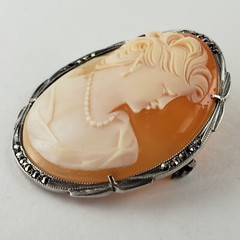 Victorian 800 Silver Cameo Lady Brooch with Marcasite 9.2g [7487]