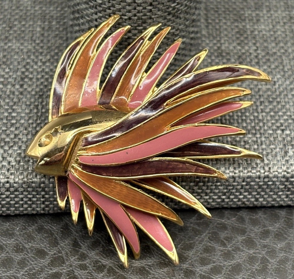 Vintage Gold Tone Pink Purple Orange Enamel Fish Brooch Pin