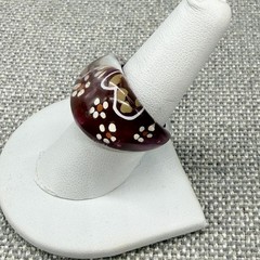Vintage Ring Burgundy Domed Lucite Painted Flowers Boho Size 7.75