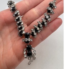 Vintage Black and Clear Rhinestone Necklace Silver Tone 15.5 Inch J-Hook Clasp