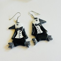 VTG Tuxedo Penguin Wood Earrings statement dangle Pierced Painted Chunky Figural