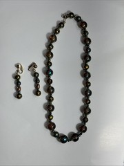 Vintage Iridescent Glass Bead Necklace Brown Green Matching Earrings
