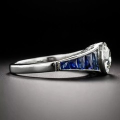 Art Deco Style Round Lab Created Diamond & Sapphire 925 Silver Engagement Ring