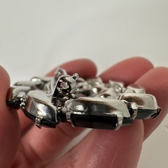 Vintage Jet Black Rhinestone Brooch Silver Tone Marquise Statement Pin