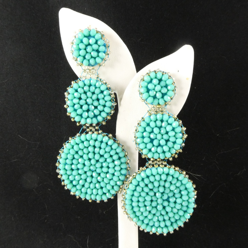 Pretty Turquoise Colored Beaded Dangle Drop Earrings Light Weight Round Long