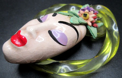 ELZAC Victim of Fashion Lucite Head Dress Ceramic Face Vintage Pin Brooch