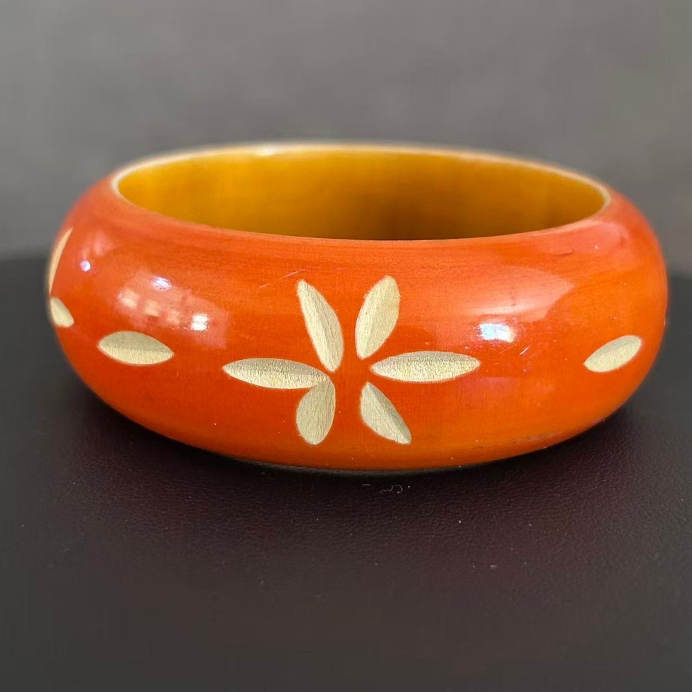 Vintage Carved Wood Bangle Bracelet Orange Hand Painted Floral Boho Ethnic