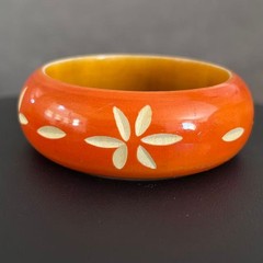 Vintage Carved Wood Bangle Bracelet Orange Hand Painted Floral Boho Ethnic