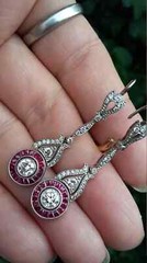 Art Deco Style Lab Created Diamond & Ruby Wedding 14K White Gold Finish Earrings