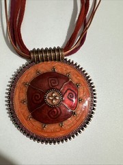 Antique copper red enamel sun flower medallion cord necklace