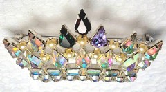 Signed Crown Brooch Pin Silver Tone AB Multicolor Rhinestones Faux Pearls