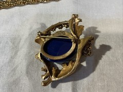 Vintage “Erwin Pearl” Signed Blue Lapis Brooch Pin 30” Erwin Goldtone Necklace