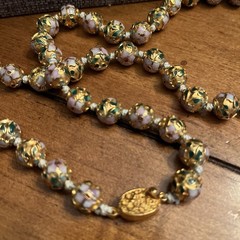 Vintage Chinese Export Cloisonné Enamel & Gold Gilt Bead 26” Necklace 10mm Beads