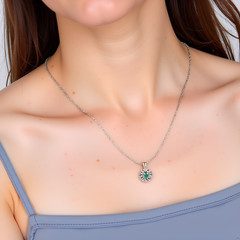 14K Solid White Gold Natural Emerald Circle Reflection Pendant Necklace