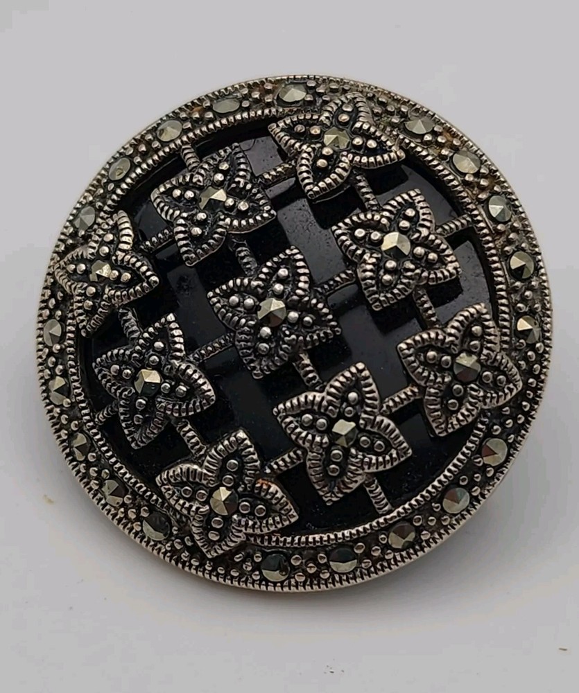 Vintage Art Deco Markasite Round Geometric Domed Sterling Silver 925 Brooch Pin