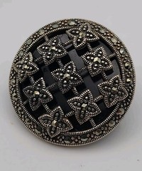 Vintage Art Deco Markasite Round Geometric Domed Sterling Silver 925 Brooch Pin