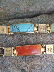 Vtg Multi Stone Inlay Panel Watch (works) Bracelet Set Chinese Symbol Good Luck