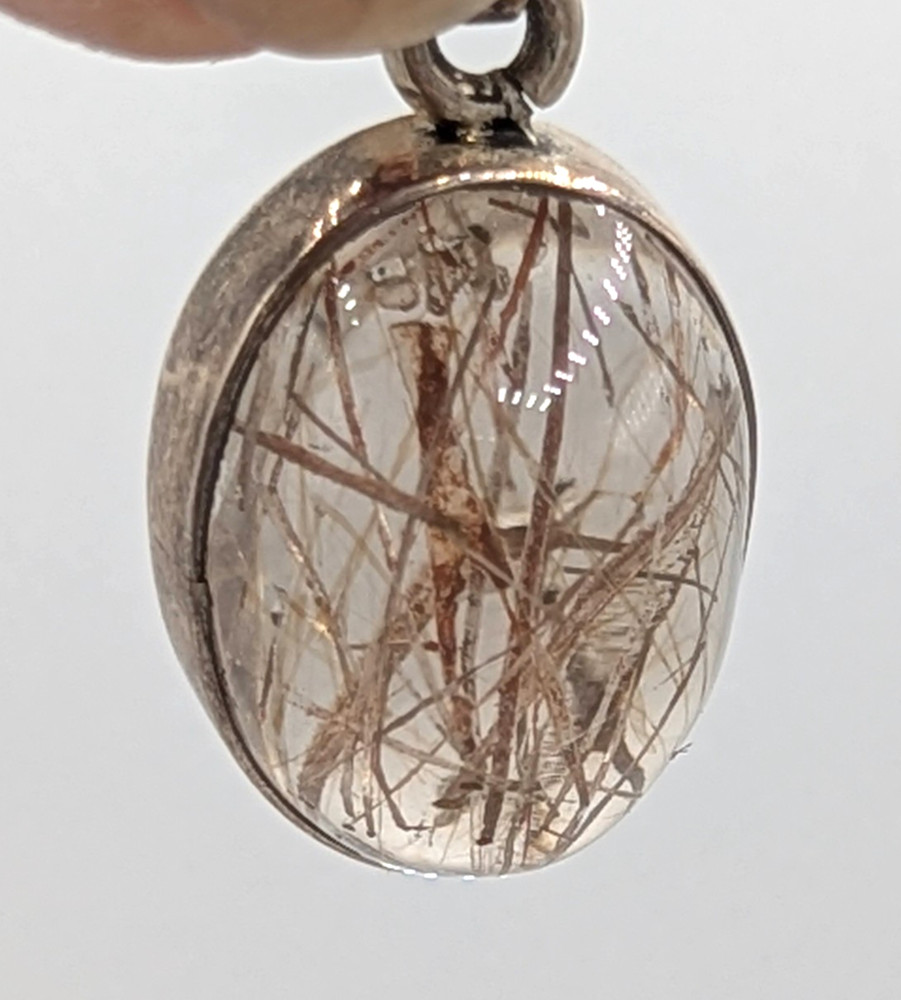 Vintage Sterling Silver Rutilated Quartz Pendant Oval Cabochon Domed Charm