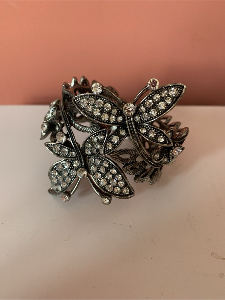 Vintage Blackened Silver Toned Butterfly Rhinestone Hinged Cuff Bracelet