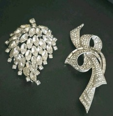 VTG 1950s Silver Tone Rhinestone Brooch Pin Lot Marquise Leaf Abstract Ribbon