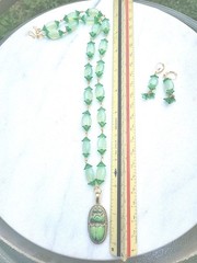 SALE! VINTAGE NEIGER EGYPTIAN SCARAB PENDANT FLOWER OPALITE BEAD NECKLACE SET