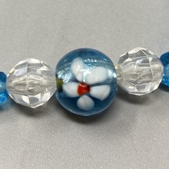 Glass Bead Necklace Blue Faceted Beads Flower Lampwork Center White Acrylic 21″