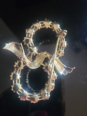 Vintage Coro Aurora Borealis Rhinestone Infinity Ribbon Brooch Gold Tone Pin