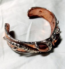 Artisan Cuff Bracelet Mixed Metals Copper Onyx Stone Slight Flex Brutalist 0198