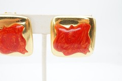 Vintage Clip On Earrings Gold Tone Red Enamel