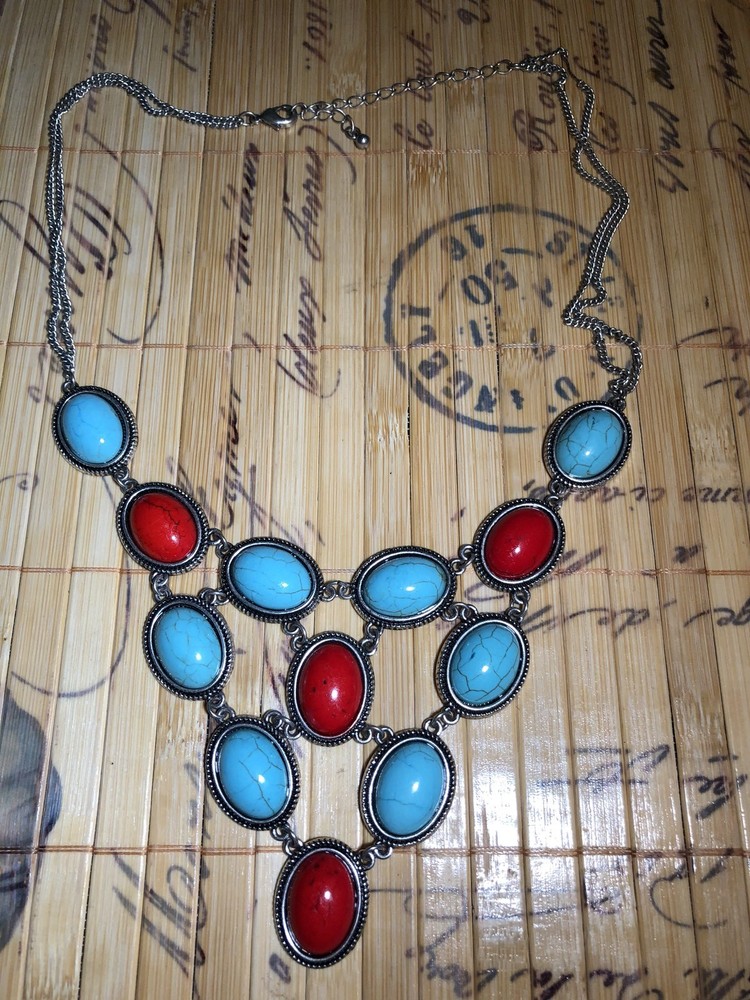 Necklace Womens Ladies Teal & Red Party Casual Nice Tribal Culture Look Pretty