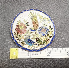 Vintage HUGE Cloisonné Enamel Brooch Birds Flowers Old Trombone Clasp
