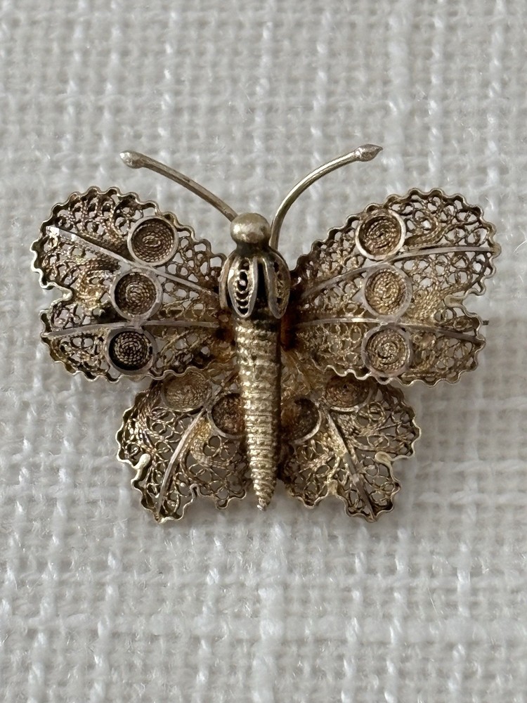 Vintage 1974 Sterling Silver Butterfly Pin Filigree with Gold Wash Over Sterling