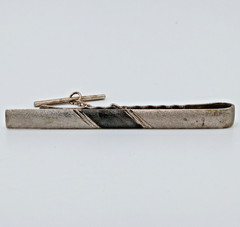925 Tie Clip 2.5in Sterling Silver 8g Two Tone Gray Engine Turn Chain Bar Estate
