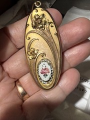 Antique 18g W&H 14k Gold Filled Huge Oval Locket Repousse Guilloche Rose Pendant