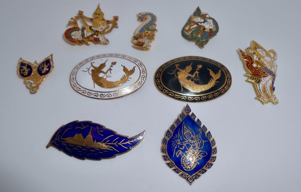 Vintage Thailand SIAM Bronze Gold-tone Niello Brooch Pins Lot of 9 L84