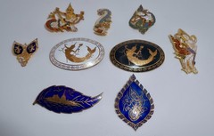 Vintage Thailand SIAM Bronze Gold-tone Niello Brooch Pins Lot of 9 L84