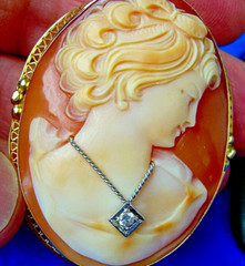 Original EARTH MINED DIAMOND Deco Antique Victorian SOLID 14K GOLD Cameo Broach