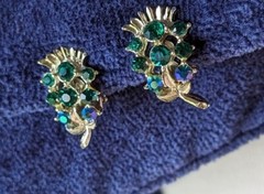 Vintage Green Peacock Blue Aurora Borealis AB Glass CLIP Earrings Feather Leaf