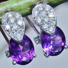 14k white gold 3.10ct amethyst diamond omega back earrings handmade 3.85gr