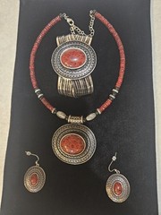 Vintage Premier Designs Red Spice Jewelry Set Bracelet Earrings Necklace Pendant