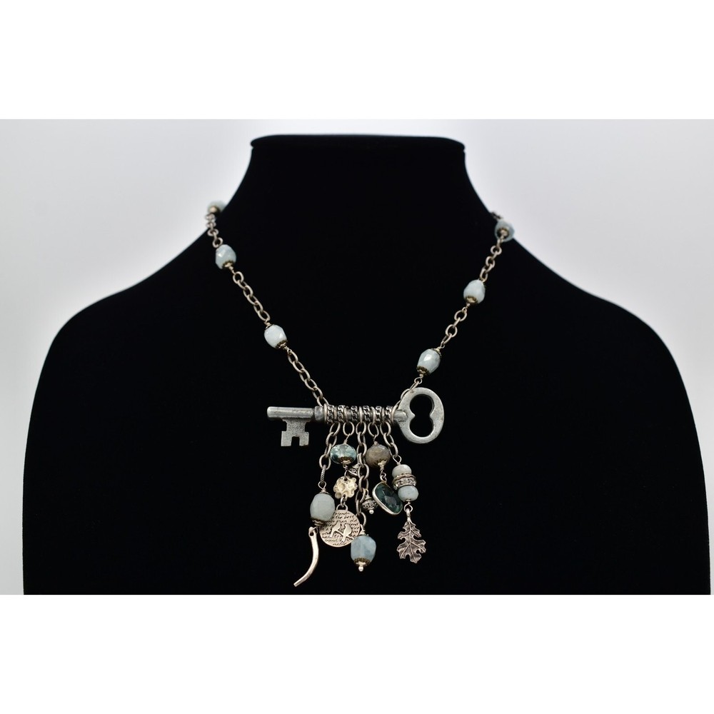 Vintage Stone Beaded Charm Necklace Skeleton Key Chunky Silver Boho 1990s Bin1