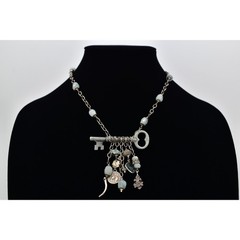 Vintage Stone Beaded Charm Necklace Skeleton Key Chunky Silver Boho 1990s Bin1